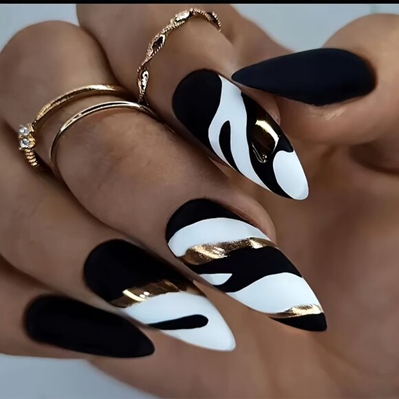 24-Piece Almond-Shaped Press-On Nails Set - Medium Length with Black and White - Picture 3 of 6